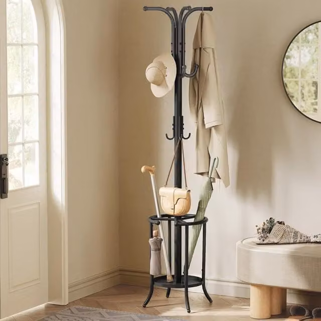 The Bazaarist Modern Metal Coat Stand with Umbrella Holder and Multi-Hook Storage in Matt Black