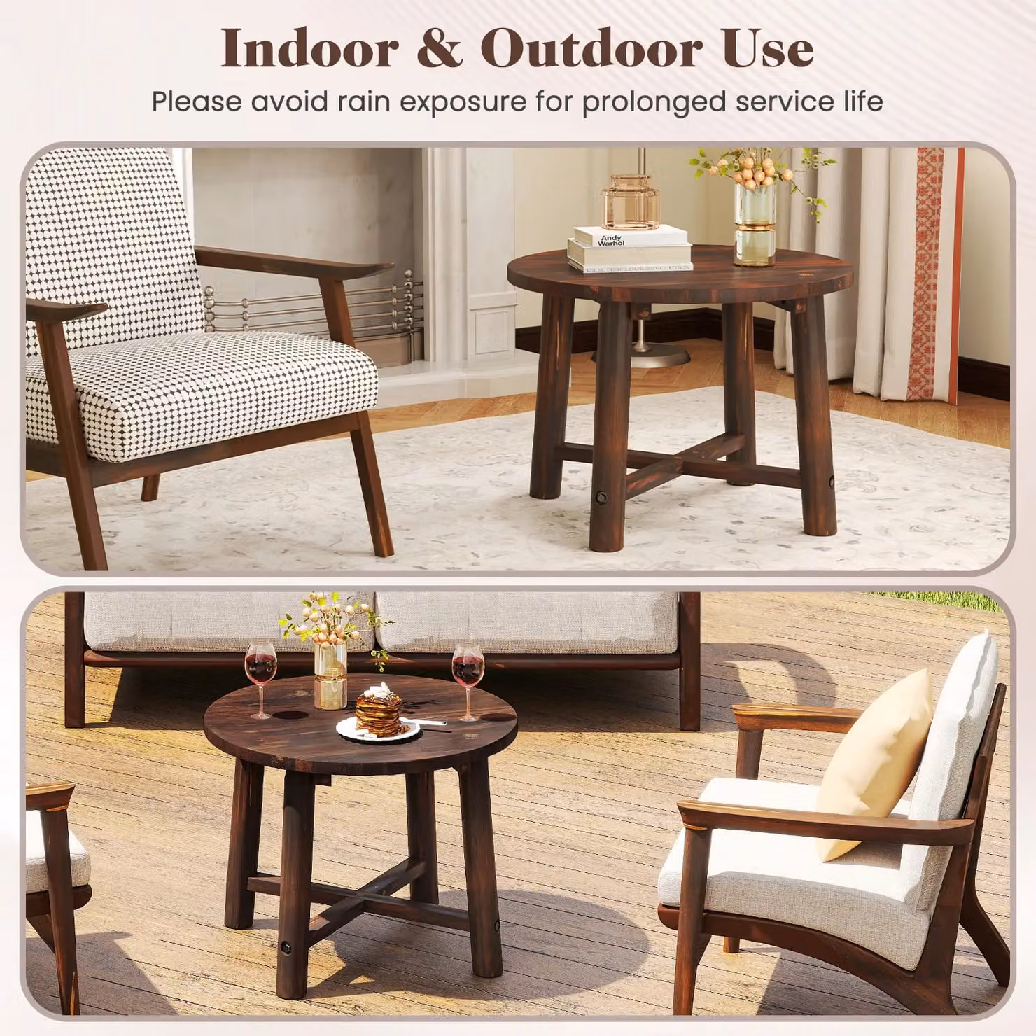 Costway Round Outdoor Side Table with Solid Wood Structure in Brown – 4