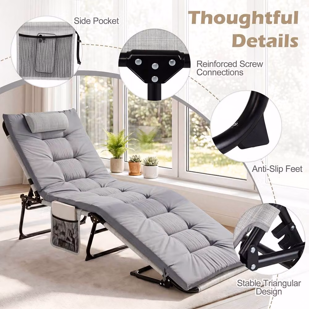 Gymax Folding Sun Lounger with Storage Pocket in Grey – 9