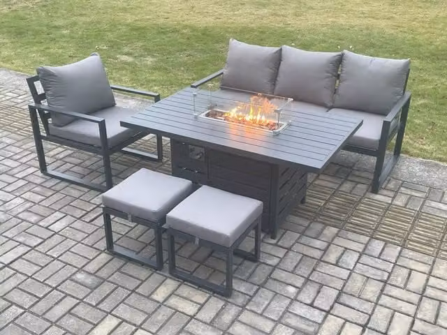 Fimous 6 Seater Aluminium Outdoor Garden Furniture Set with Gas Fire Pit Dining Table and 2 Footstools in Dark Grey