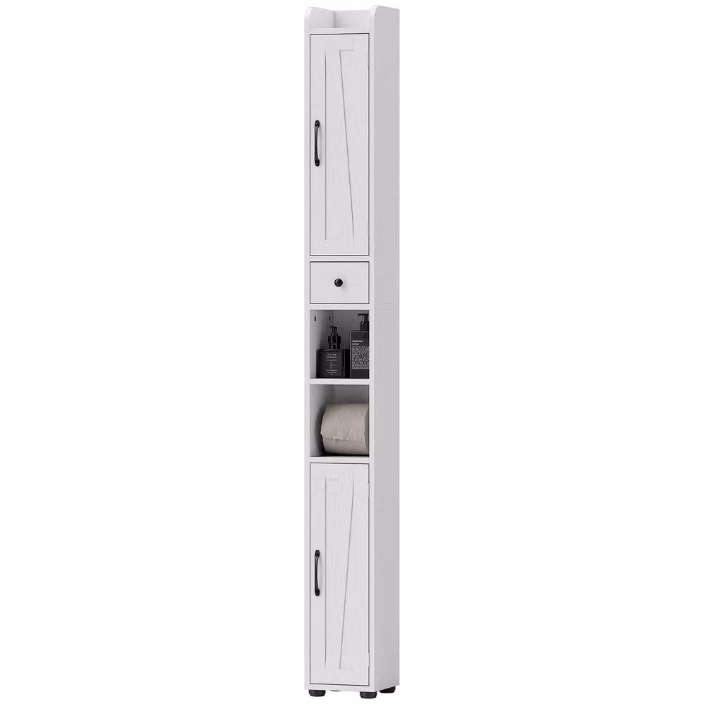STILVORA Modern White Slim Freestanding Bathroom Storage Cabinet with Internal Drawers, Shelves and LED Lighting – 2