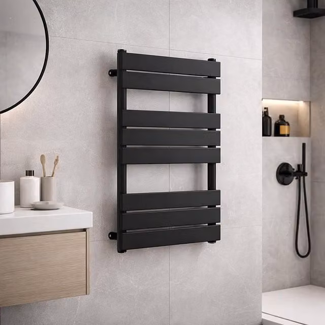 Lux Heat Flat Black Steel Towel Radiator, W: 60 cm, H: 80 cm