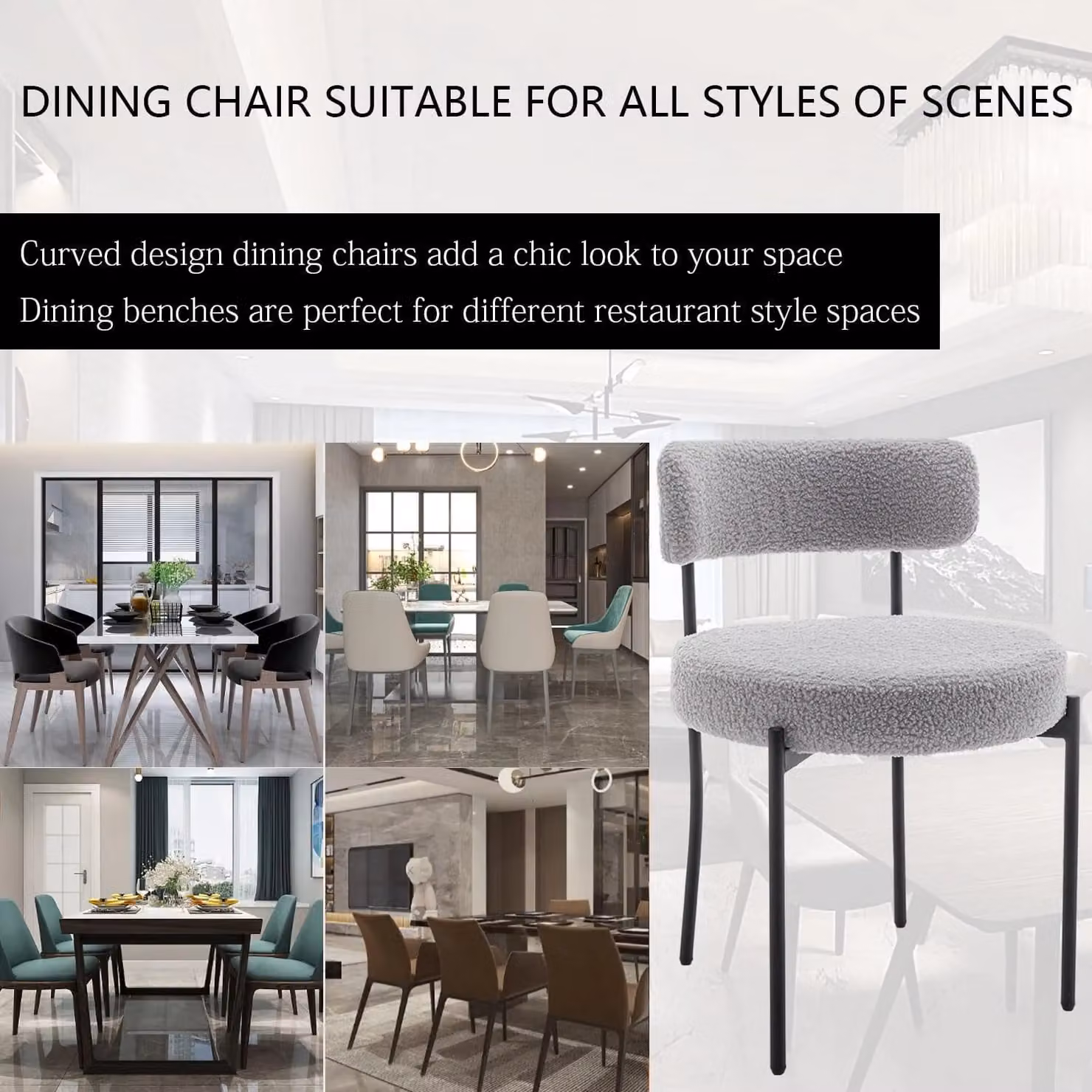 Xample Set of 2 Mid-Century Dining Chairs in Grey Bouclé Fabric with Black Metal Legs – 3