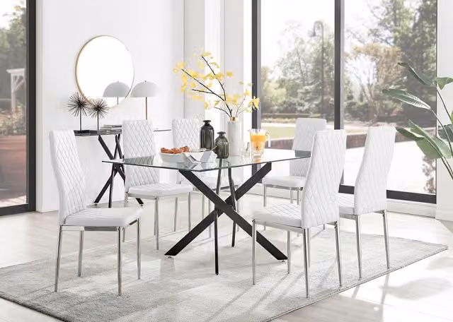 FurnitureboxUK Leonardo Rectangular Glass Dining Table with 6 White Faux Leather Milan Chairs and Black Legs