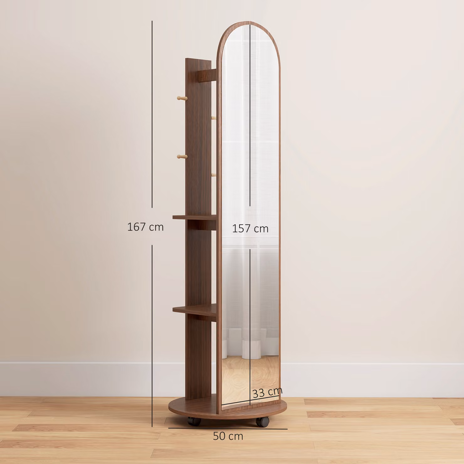 HOMCOM 2-in-1 Full Length Mirror with Storage Shelves and Coat Rack, Brown Wood Effect, H 167 x W 50 x D 18.5 cm – 3