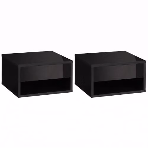 HOMCOM Set of 2 Wall Mounted High Gloss Black Bedside Tables with Drawer and Shelf, W/D/H: 37 x 32 x 21 cm – 8