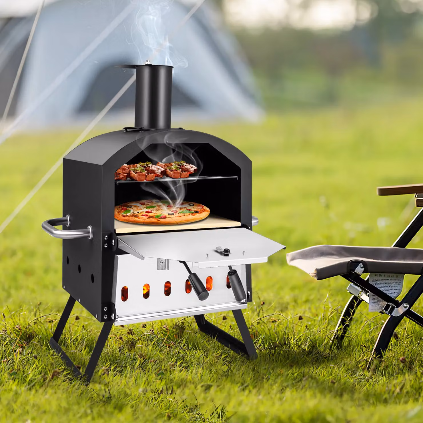 Costway 2-Layer Wood Fired Outdoor Pizza Oven and BBQ Grill with Stainless Steel, Black, W/D/H: 72.0 x 54.0 x 44.0 cm – 3