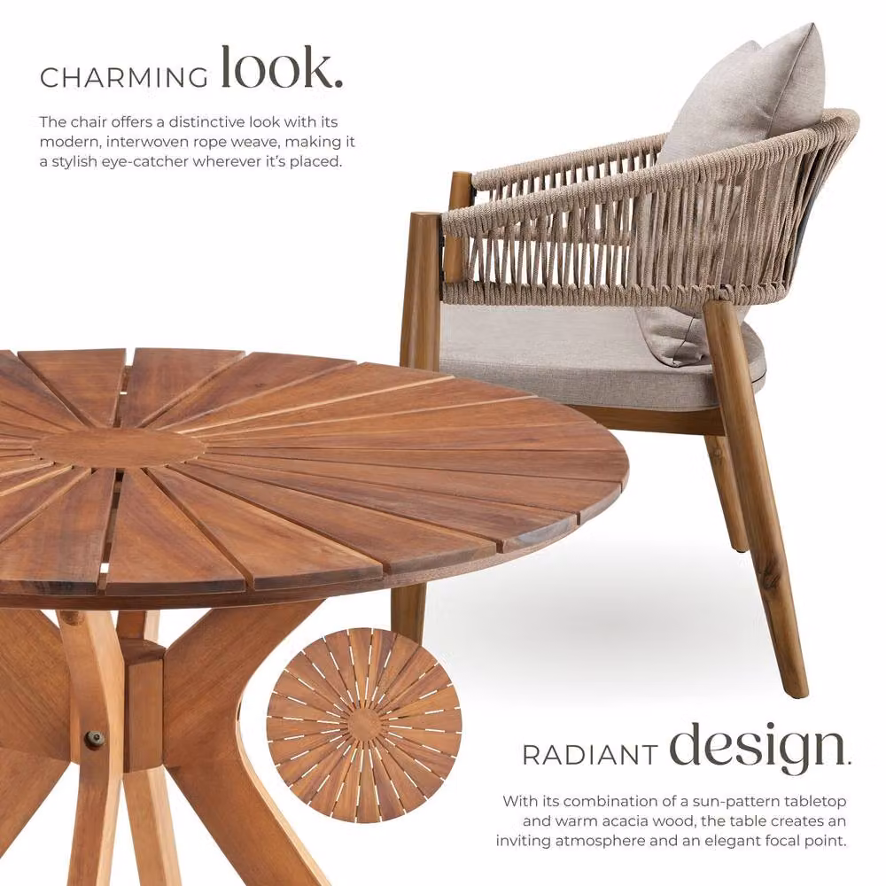 tectake 3-Piece Acacia Wood Garden Set in Sand with Round Height-Adjustable Table and 2 Chairs – 3