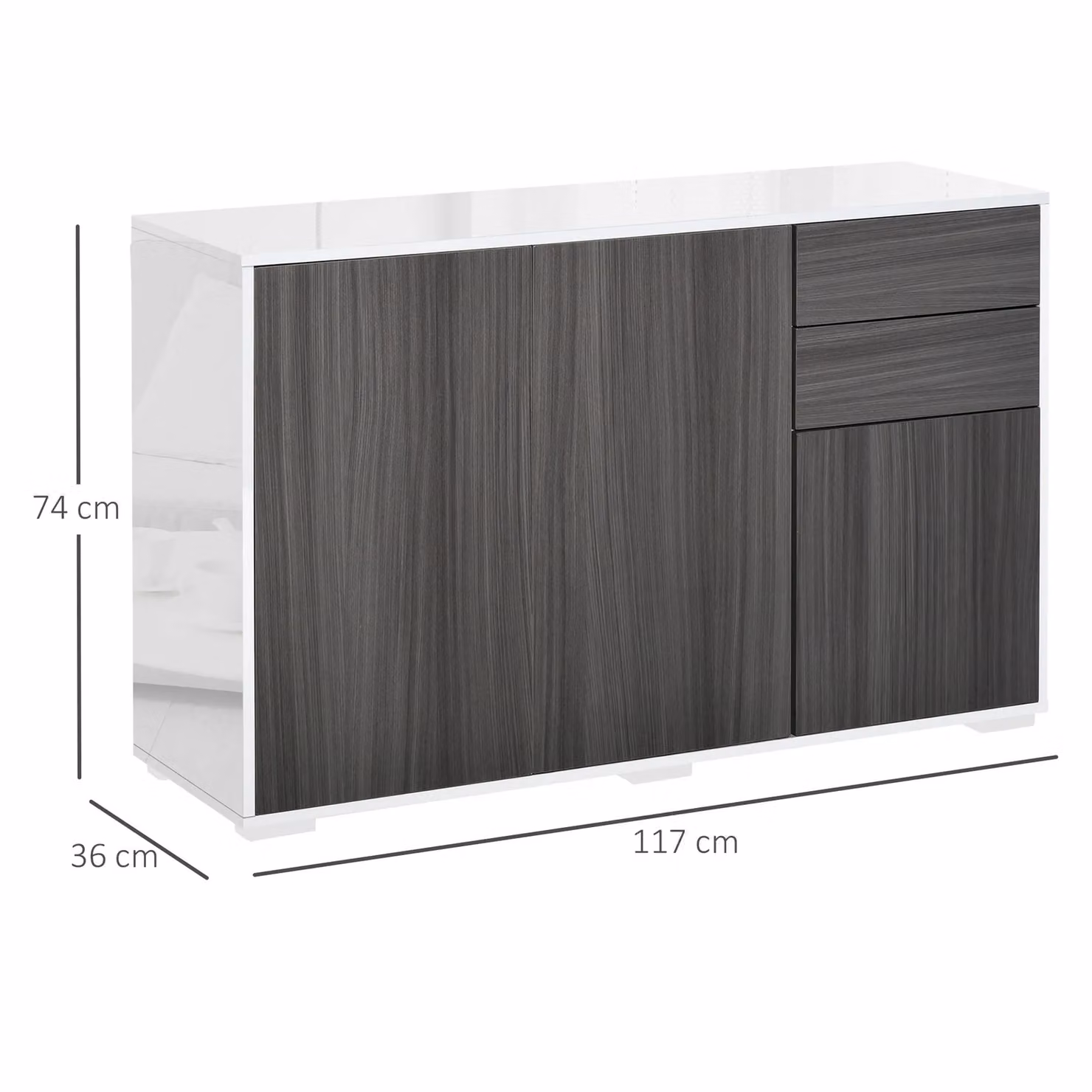HOMCOM Modern Glossy Side Cabinet with 2 Drawers and 2 Doors in Grey and Black – 4