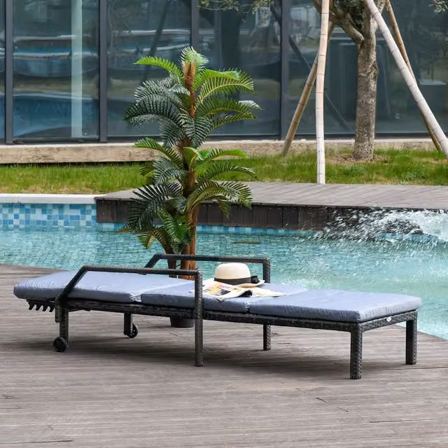 Outsunny Grey Polyrattan Wicker Chaise Sun Lounger with Adjustable Headrest and Castors