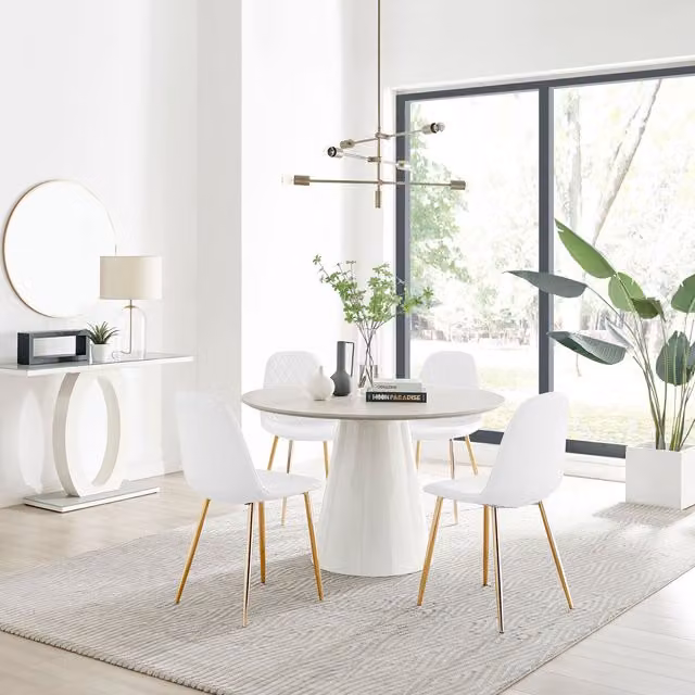 Furniturebox Palma Beige Stone Effect Round Dining Table and 4 Corona Gold Leg Chairs in White
