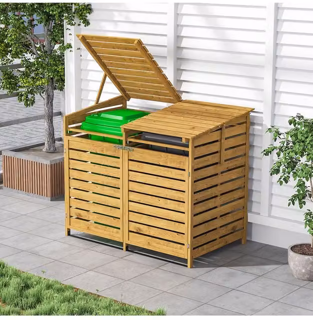 Living and Home Spruce Wood Outdoor Garden Storage Shed and Garbage Can in Sand, Beige or Brown, W/D/H: 149.0 x 122.5 x [Height not provided] cm – 1