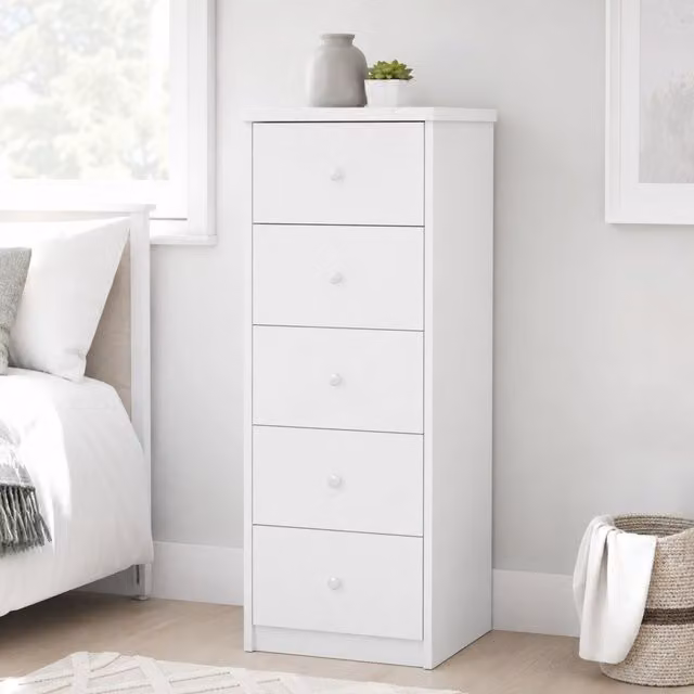 Core Products Erin White 5 Drawer Narrow Chest of Drawers with Metal Runners