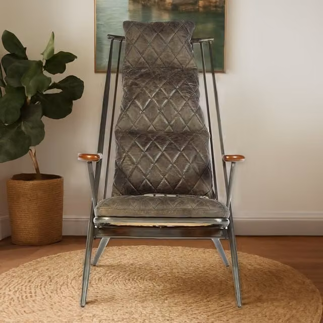 Orsina Grey Leather Armchair with Metal Frame and Ash Wood Details – 1