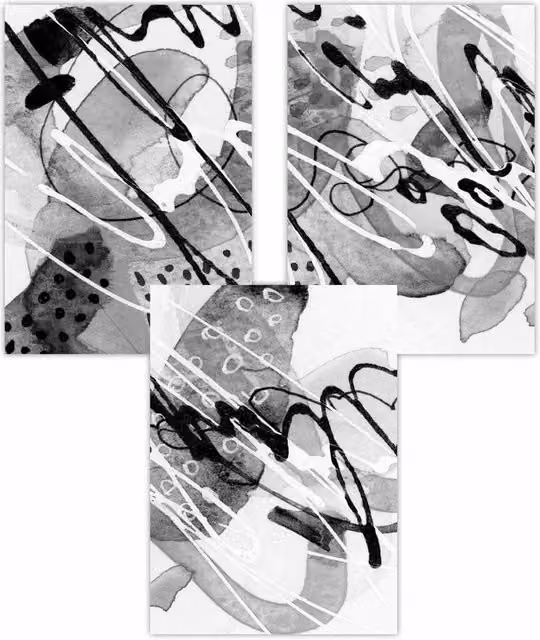 ARTZE Set of 3 Modern Abstract Watercolour Art Posters in Black, Grey and White, W: 50 cm, H: 70 cm