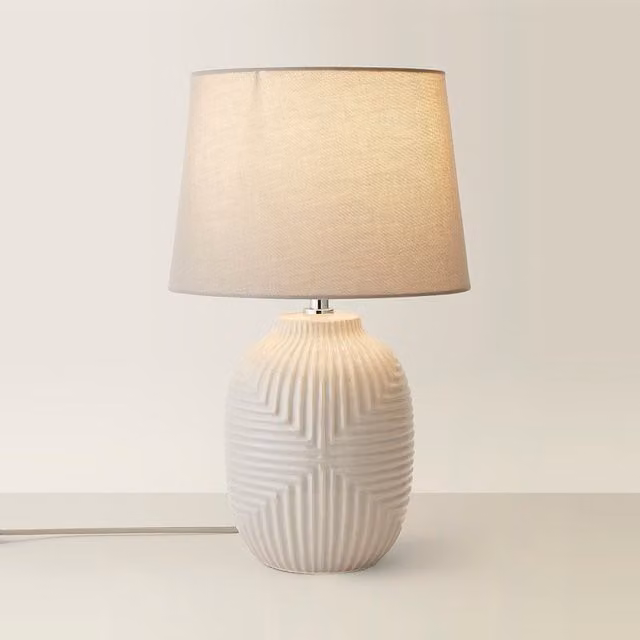 Harrison Medium Geo Ribbed Gloss Ceramic Table Lamp with Tapered Shade in Grey
