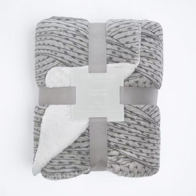 Dreamscene Grey Chunky Knit Print Sherpa Fleece Throw