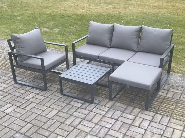 Fimous Modern Powder Coated Aluminium Outdoor Garden Furniture Set in Dark Grey with 3-Seater Sofa, Lounge Armchair, Coffee Table and Ottoman