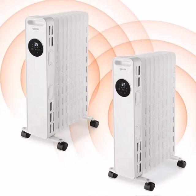 Igenix 2000W Digital Oil Filled Radiator with 24 Hour Timer, White, Pack of Two