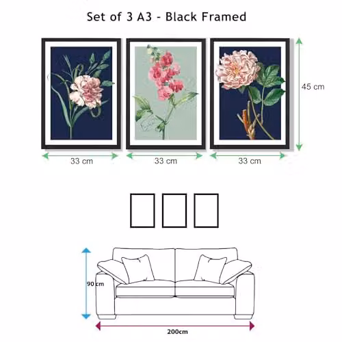 ARTZE Set of 3 Vintage Floral Wall Art Illustrations in Navy Blue, Sage Green and Multicolour with Black Frames, W: 33 cm, H: 45 cm, D: 2 cm – 2