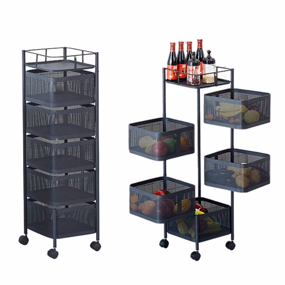 VOGREX 5 Tier Rotating Kitchen Storage Trolley in Black – 5
