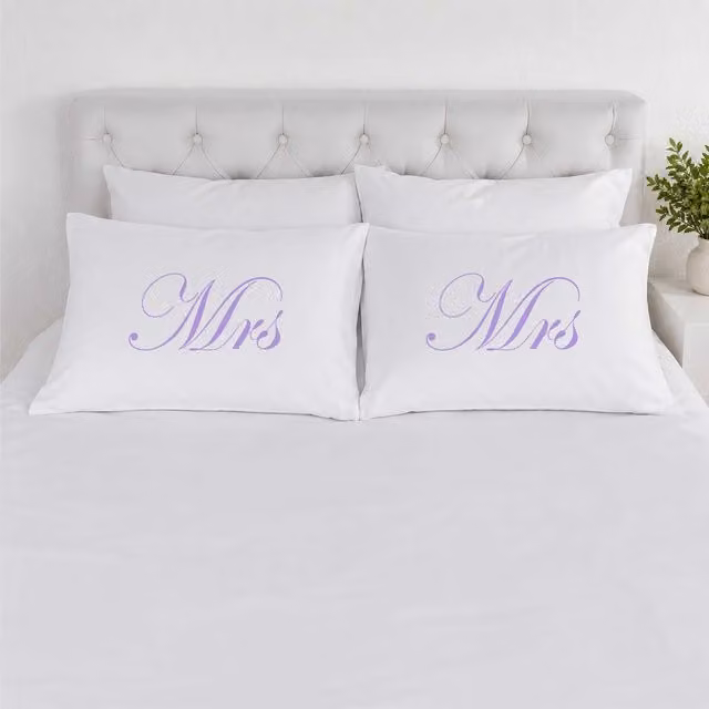 60 Second Makeover Mrs & Mrs Wedding Pillowcases in White and Purple Cotton