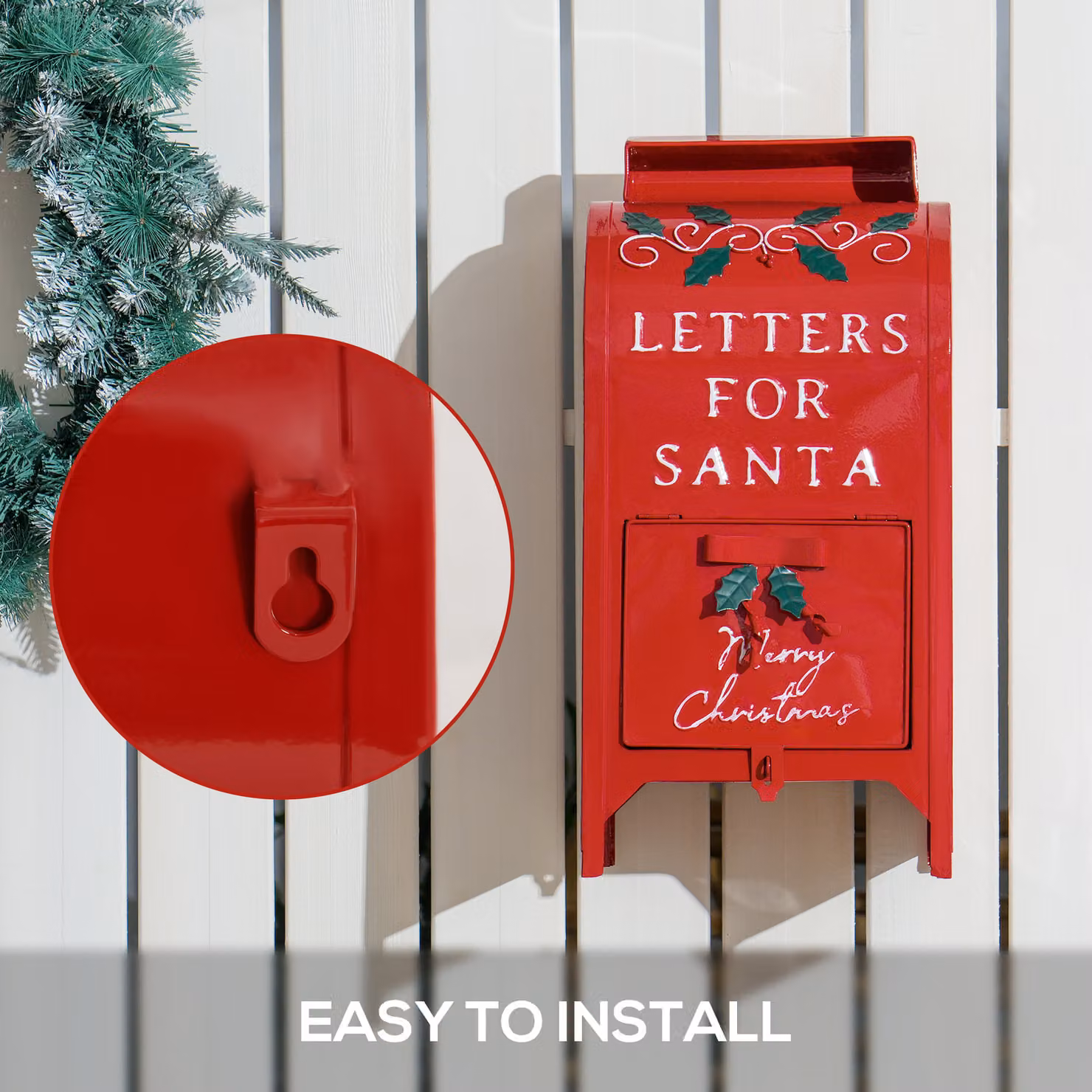 HOMCOM Red Christmas Post Box for Santa Letters, Freestanding or Wall Mounted Metal Decoration – 3
