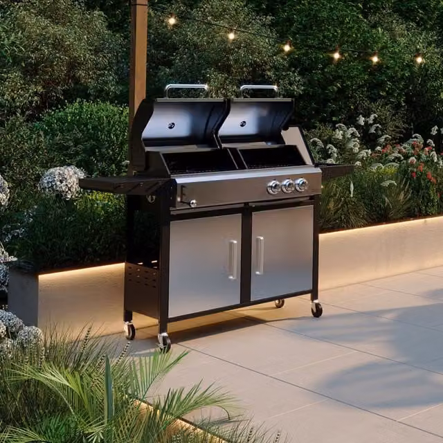 Charles Bentley 2 Burner Dual Fuel Gas Grill with Thermometer and Wheels, Black