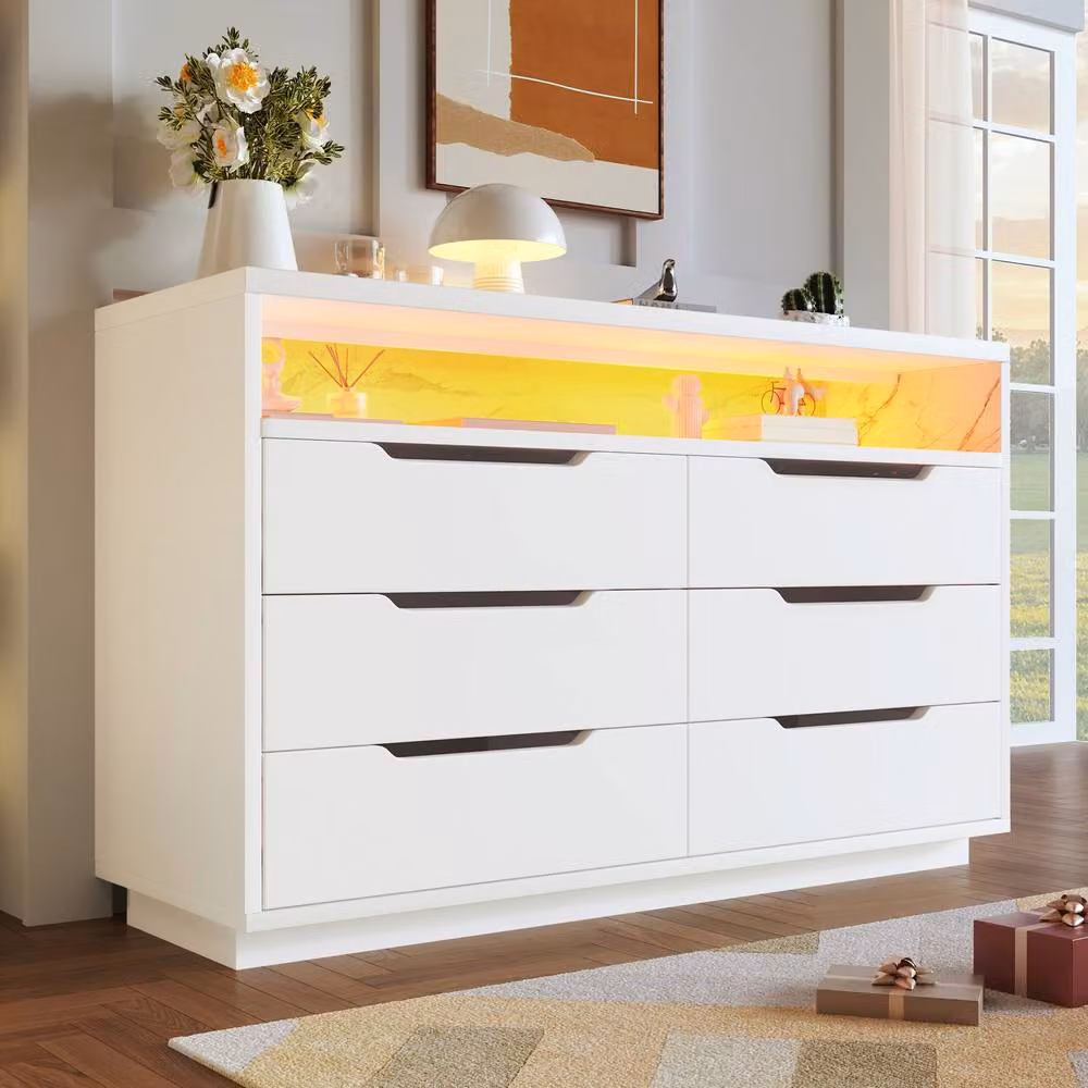 BTM White Marbled 6 Drawer Sideboard with Integrated RGB LED Lighting and Storage Shelves, W: 120 cm, D: 40 cm, H: 85 cm – 6