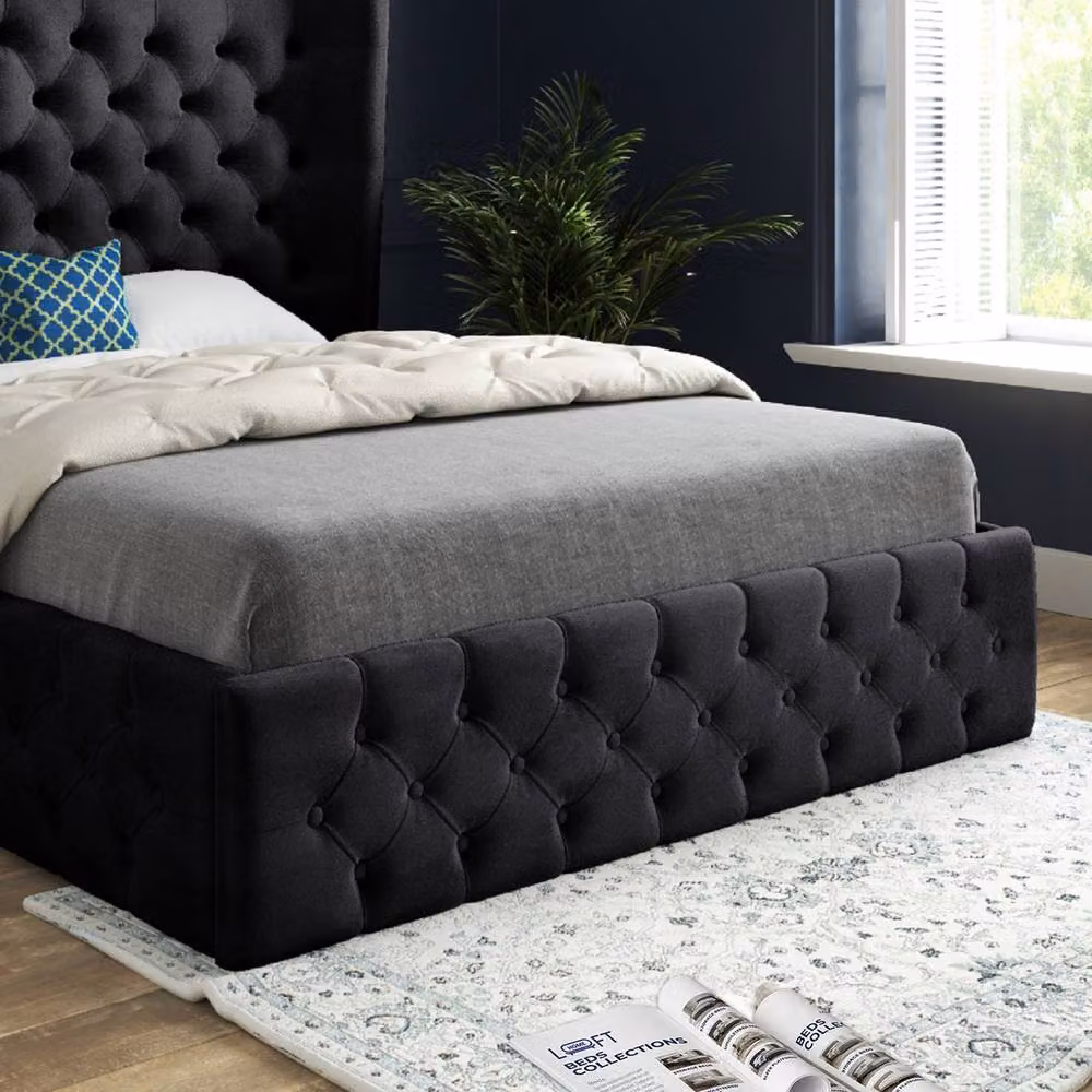 KDMD Leigh Wide Winged Upholstered Designer Bed Frame in Black Soft Velvet, W/D/H: 180 x 137 x 189 cm – 5