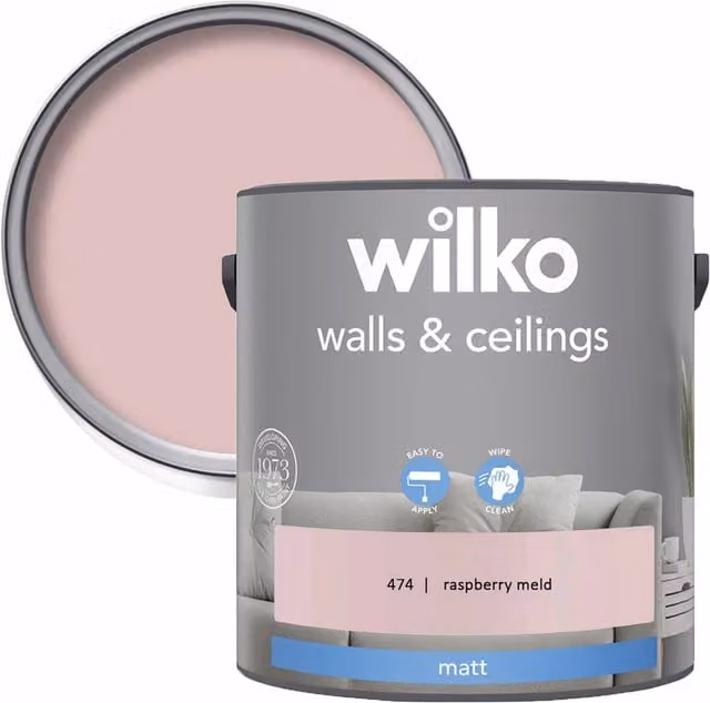 wilko Raspberry Meld Matt Emulsion Paint for Walls and Ceilings, Pink, 2.5 l