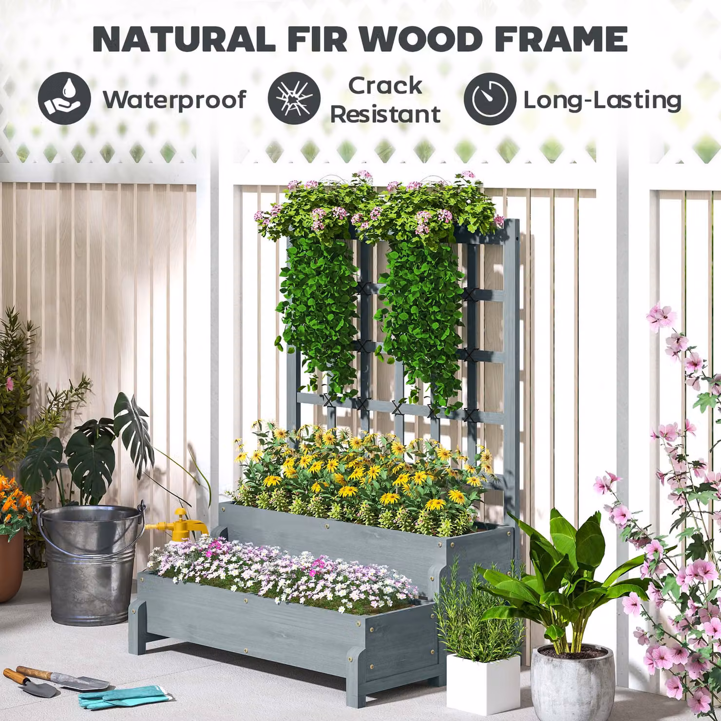 Outsunny 2-Tier Wooden Raised Garden Bed with Trellis and Drainage Holes, Grey Elevated Planter Box for Vegetables and Flowers – 6