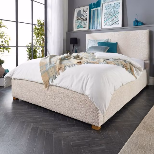 Aspire Boucle Upholstered Garland Ottoman Storage Bed Frame in Beige, 180 x 200 cm