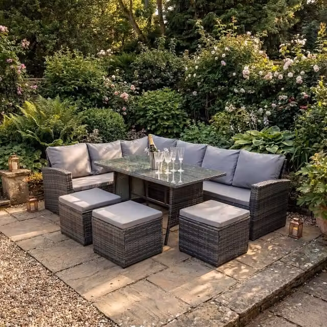 Home Garden Direct Dartmouth 9-Seat Corner Rattan Dining Sofa Set in Grey