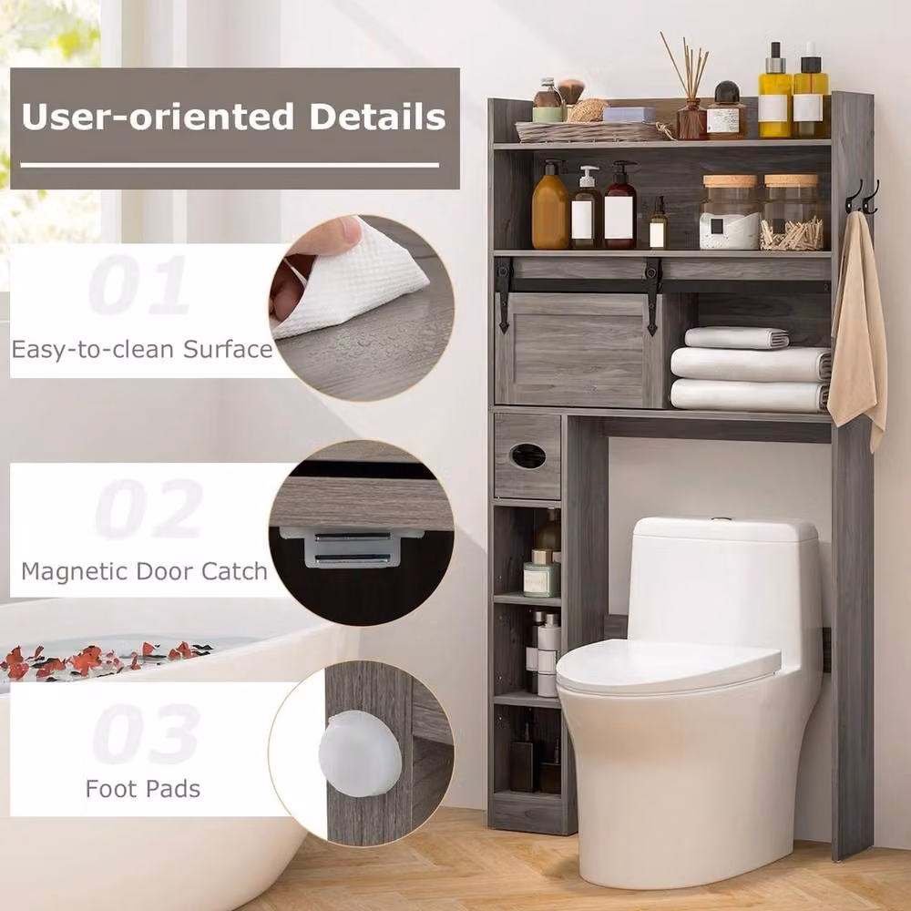 VOGREX Grey Modern Over Toilet Storage Cabinet with Sliding Doors and Internal Shelves – 3