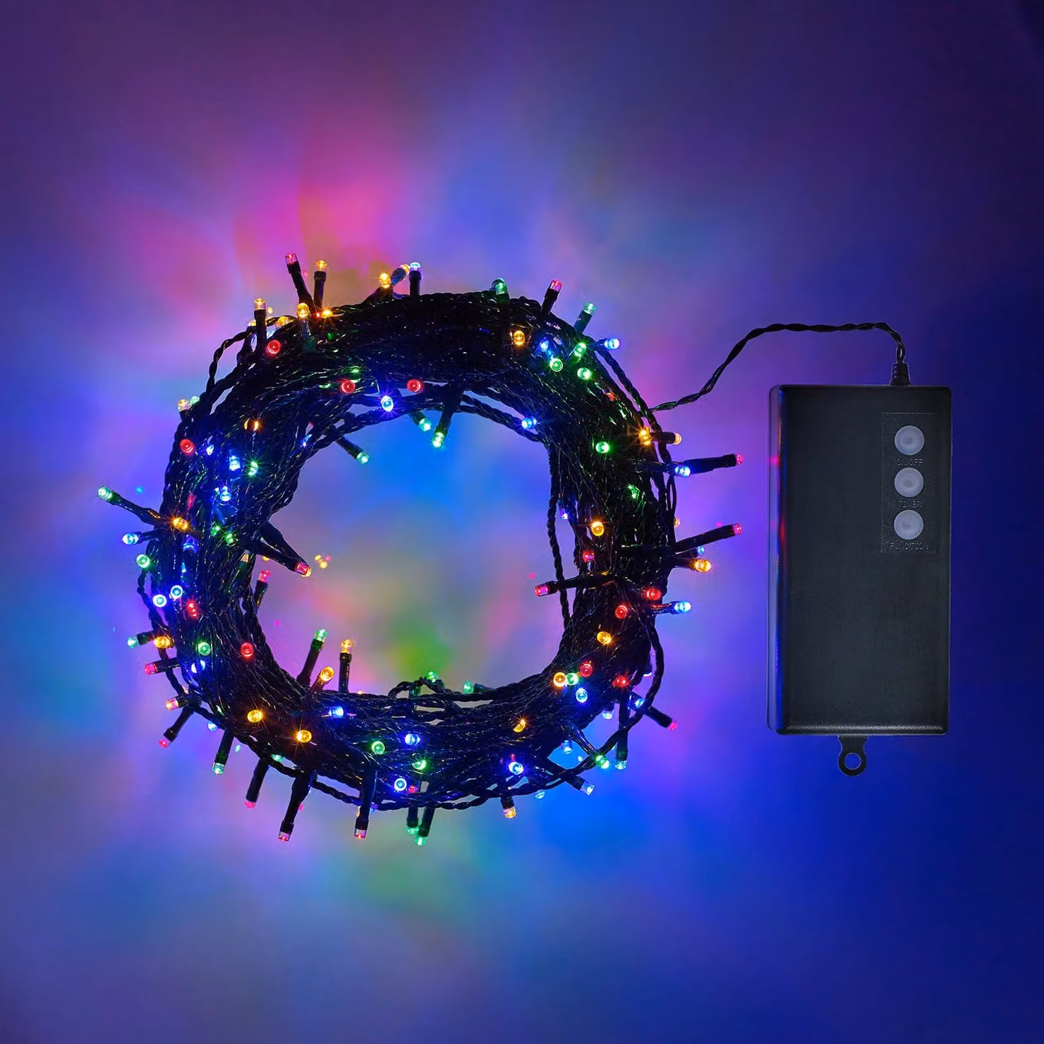 Lights4fun 200 Multi Coloured LED Outdoor Battery Fairy Lights on Green Cable