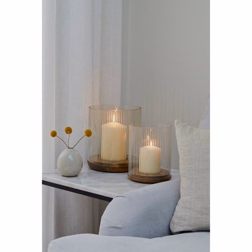 Lemon Pavilion Furniture and Decor Amelia Ribbed Pillar Candle Holder, Brown and Transparent, W: 16 cm, D: 16 cm, H: 19.5 cm – 2