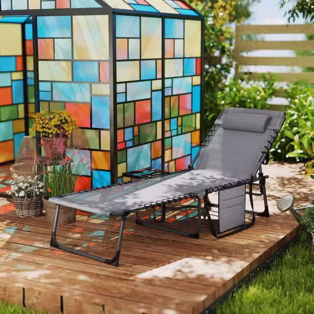 Outsunny Reclining Folding Sun Lounger with Side Table in Grey