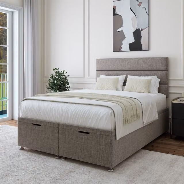 Bedmaster Grey Linen Ottoman Divan Base and Lined Headboard, W/D/H: 140 x 200 cm – 1