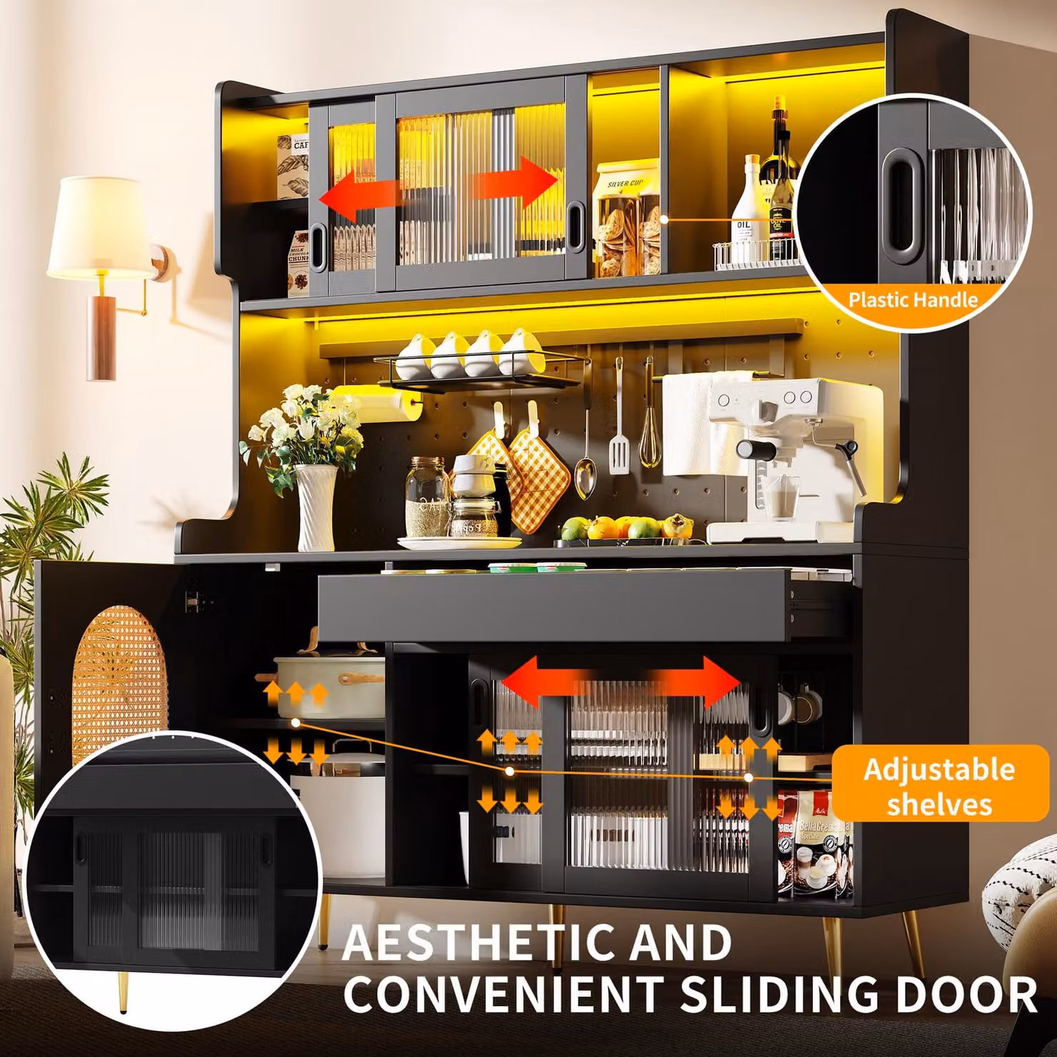 Aosom UK Country-Style Black Sideboard with Fluted Glass Doors and App-Controlled LED Lighting, W: 145 cm, D: 39 cm, H: 171 cm – 4