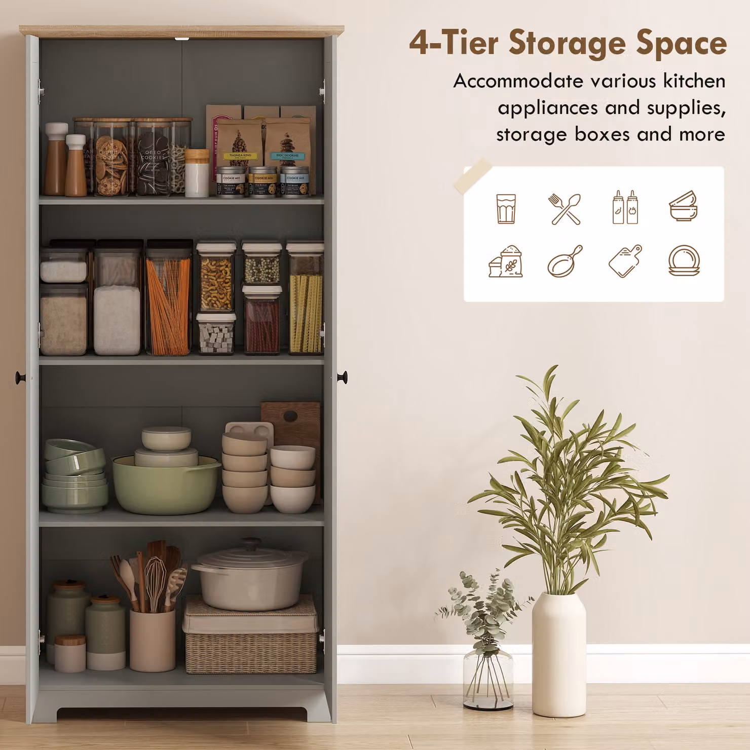 HOMCOM Grey Freestanding Kitchen Cupboard Tall Storage Unit with Hinged Doors and Internal Shelves, Height: 172 cm – 2