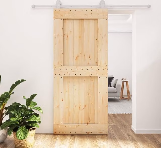 Berkfield Home Rustic Solid Wood Pine Sliding Door with Hardware Set, Brown, W: 90 cm, H: 210 cm