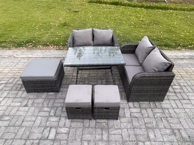 Fimous 6 Piece Rattan Garden Furniture Set with 3 Footstools in Dark Grey