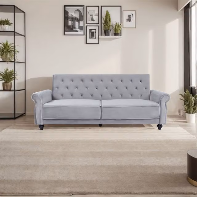 FURNITURE ONE 3 Seater Click Clack Velvet Sofa Bed in Pale Grey with Wood Legs, Width: 225 cm