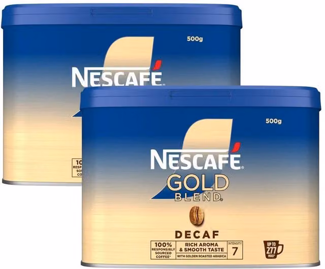 Nescafe Gold Blend Decaf Instant Coffee, 2 x 500g Tins, Brown