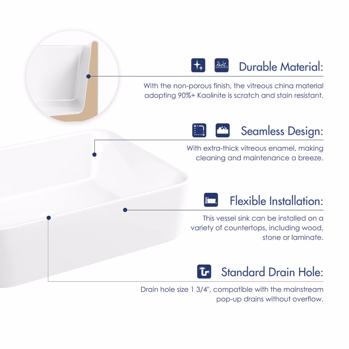 Dprodo White Ceramic Rectangular Countertop Vessel Sink, W: 83 cm, D: 40 cm, H: 40 cm – 2