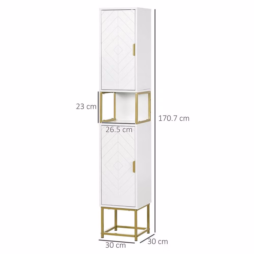 STILVORA Modern White and Gold Freestanding Bathroom Storage Cabinet with Hinged Doors and Internal Shelves – 3