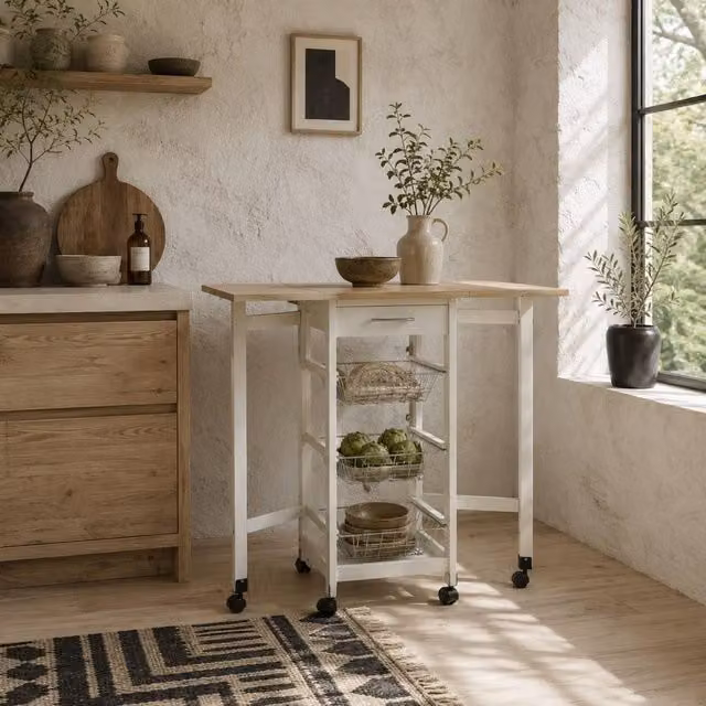 Wyld Haus Ziha Drop Leaf Kitchen Trolley in Oak and White with Baskets and Wheels