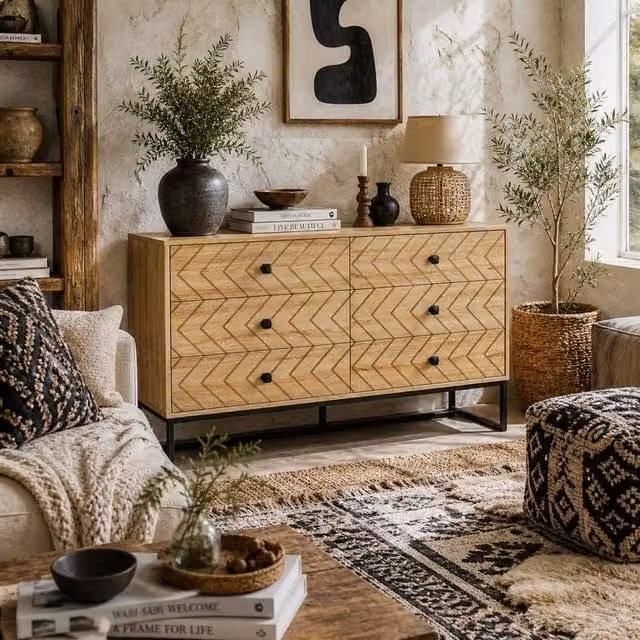 Wyld Haus Niel Natural Wood Chevron 6 Drawer Chest with Black Metal Legs – 1
