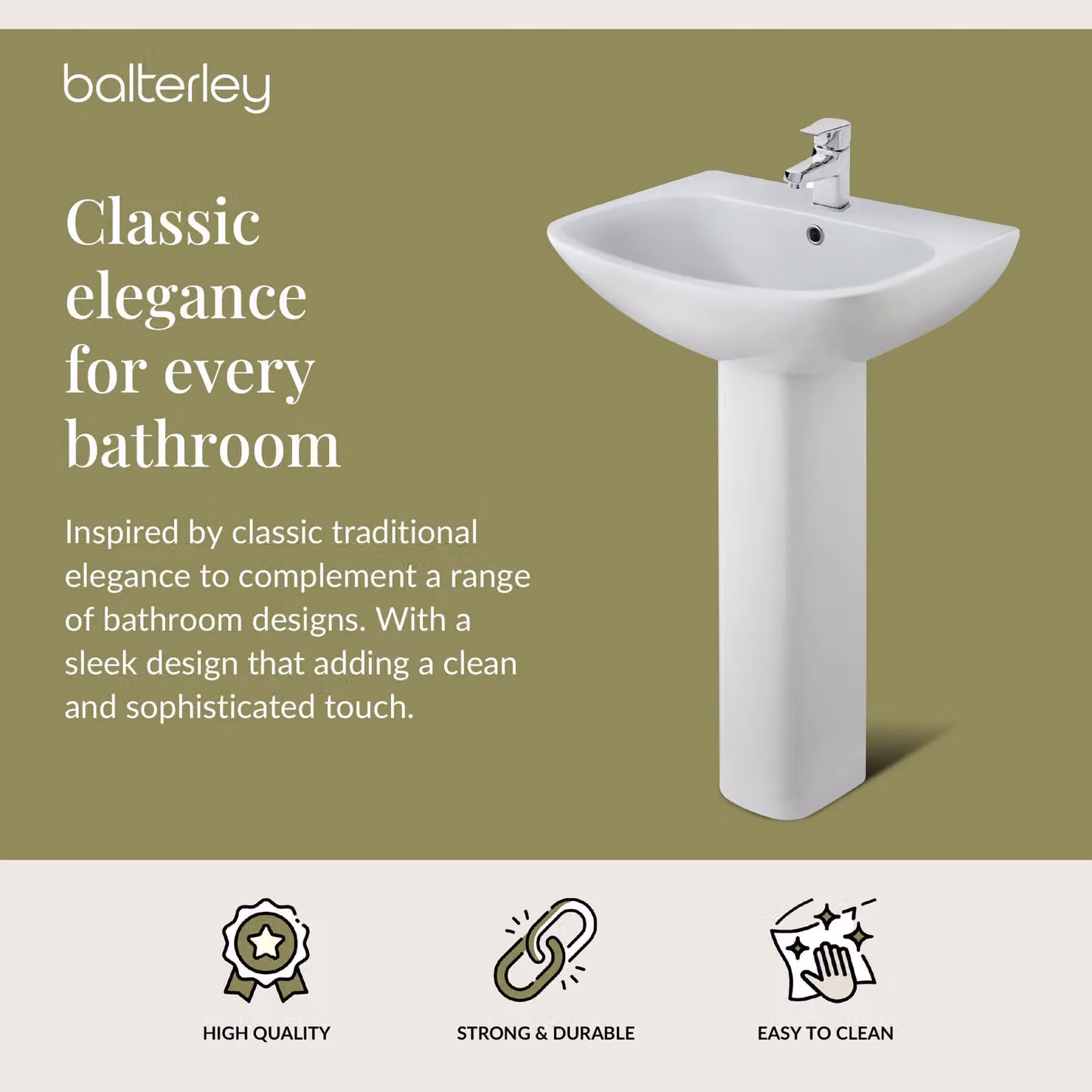Balterley Soft Square 1 Tap Hole Basin with Full Pedestal, White, Width: 54.5 cm – 2